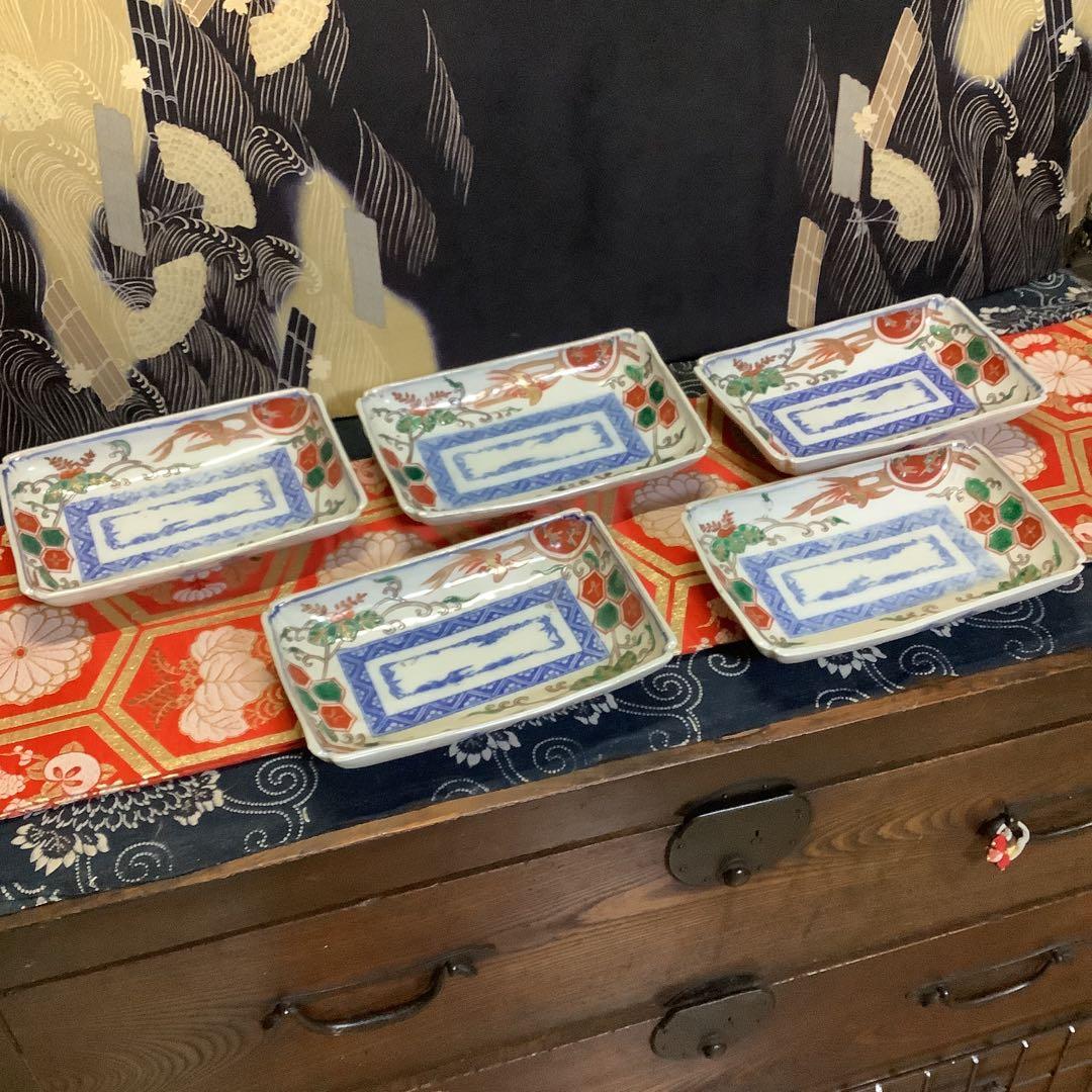 古伊万里　金欄色絵　絵皿　鳳凰紋　長方皿　5客　江戸〜幕末　輪島塗・李朝好きにも