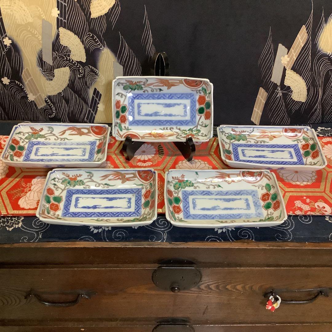 古伊万里　金欄色絵　絵皿　鳳凰紋　長方皿　5客　江戸〜幕末　輪島塗・李朝好きにも