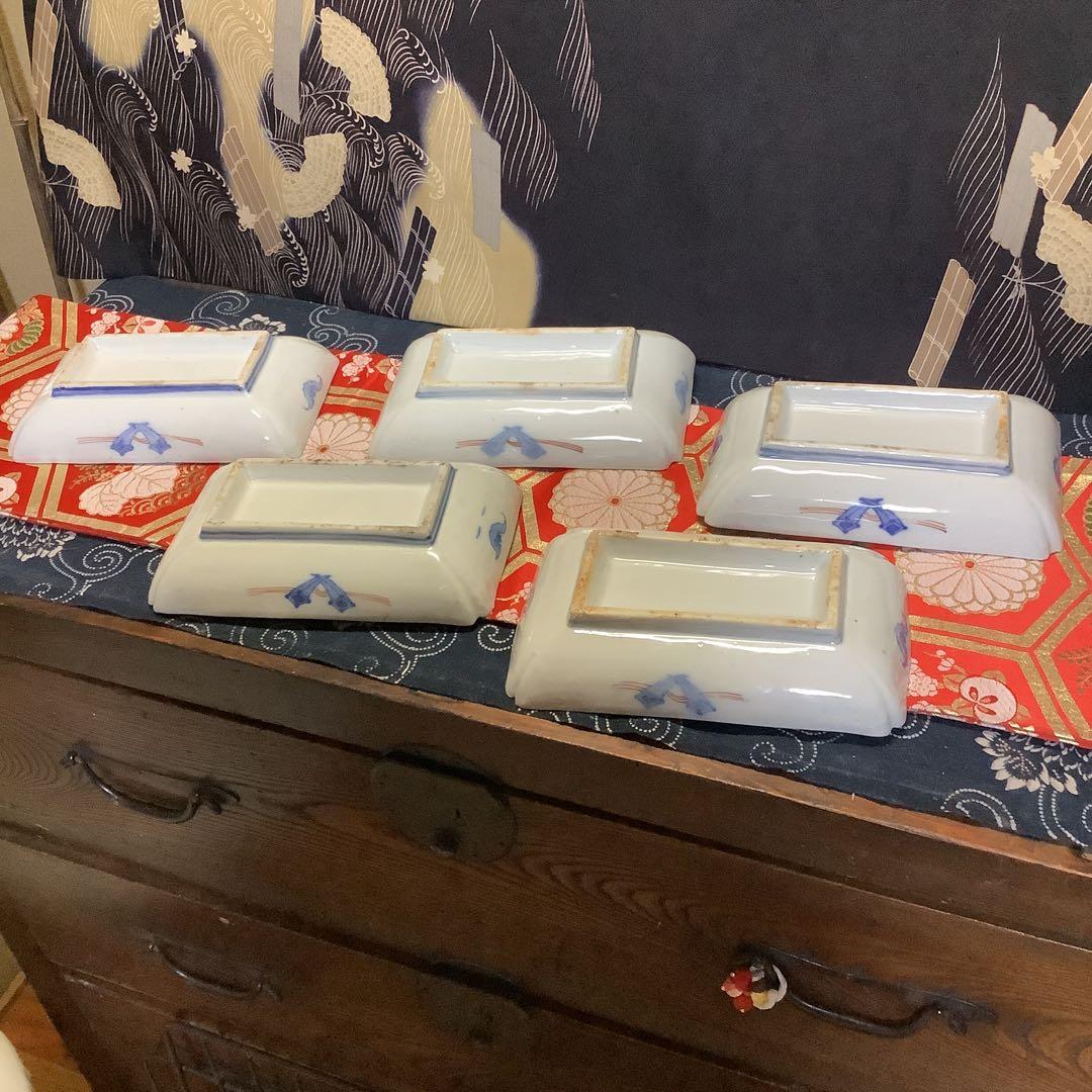 古伊万里　金欄色絵　絵皿　鳳凰紋　長方皿　5客　江戸〜幕末　輪島塗・李朝好きにも