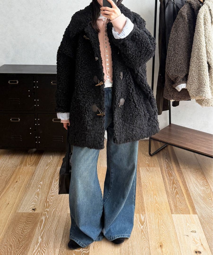MUHET プードルシャギーダッフルコート　黒　ボア　Lサイズ