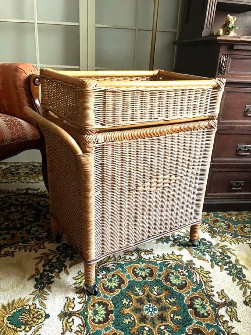 ラタン 籐 脱衣かご ランドリーバスケット 2段 インテリア 昭和レトロ