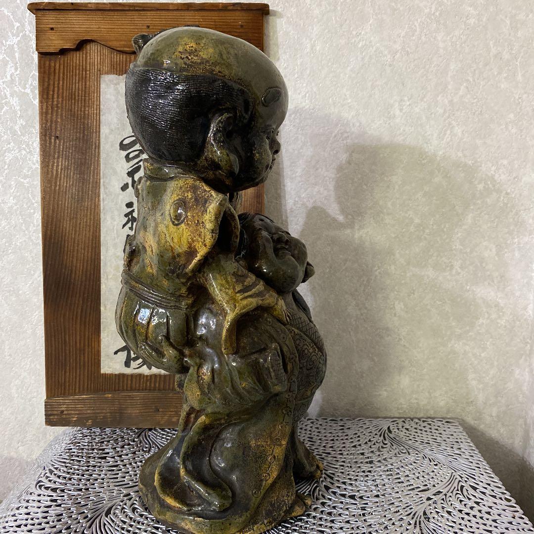 幻の湖東焼　お多福に福助おんぶ像　織部写し　美術館級！36㎝