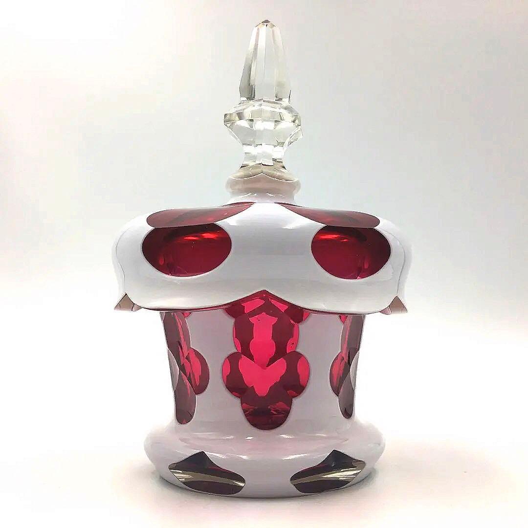 ビンテージアンティーク白被せ大正切子 キャンディポット　チェコ チェコスロバキア