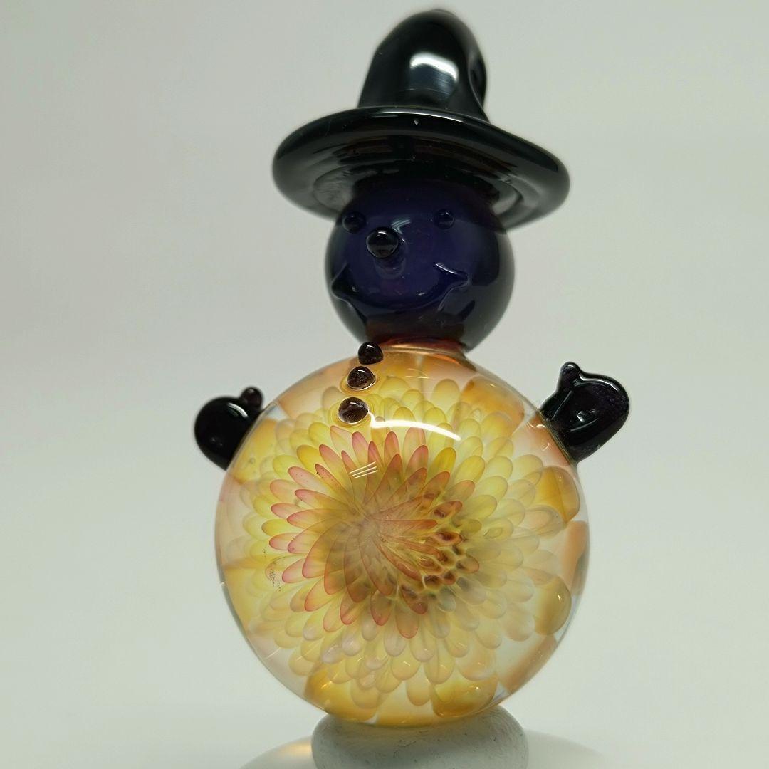 未使用 雪だるま ガラス ペンダントトップ 1点物 フラワー スノーマン