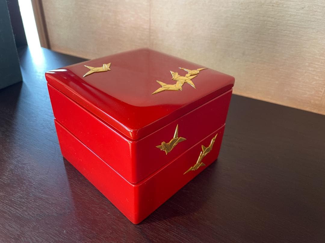⭐️超美品⭐️ 琉球漆器 4寸 二段お重箱 折鶴 漆の重ね箱