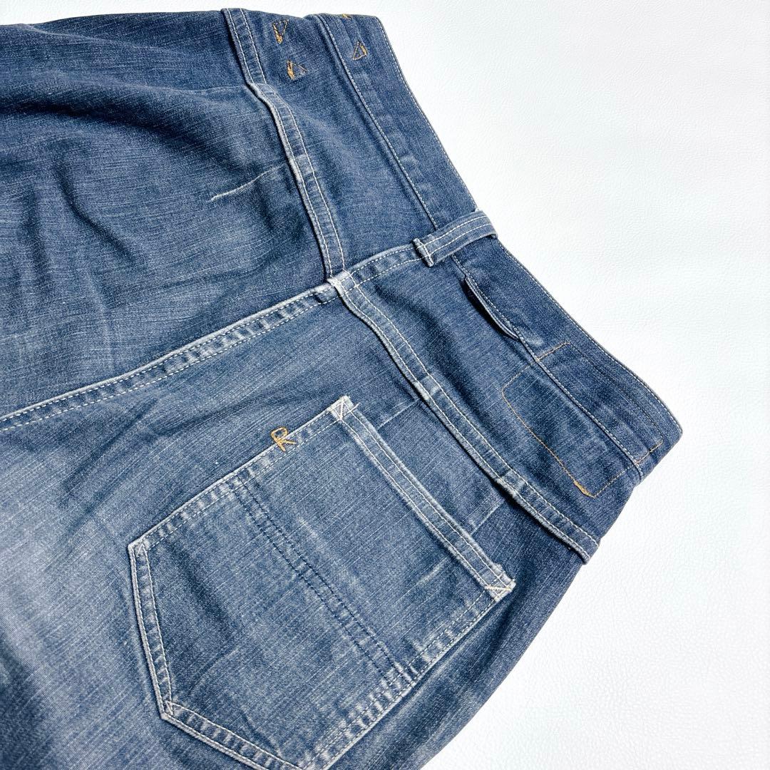 45R ライ麦デニムストレッチの桃比女 ロゴ刺繍 ロゴボタン インディゴ L