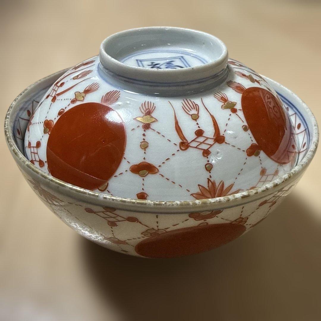 古伊万里 赤玉瓔珞紋 蓋茶碗 一客