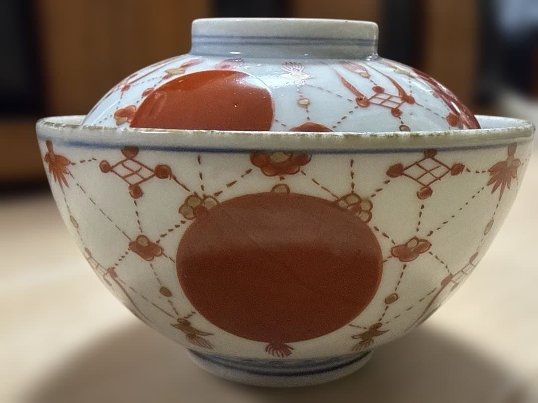 古伊万里 赤玉瓔珞紋 蓋茶碗 一客