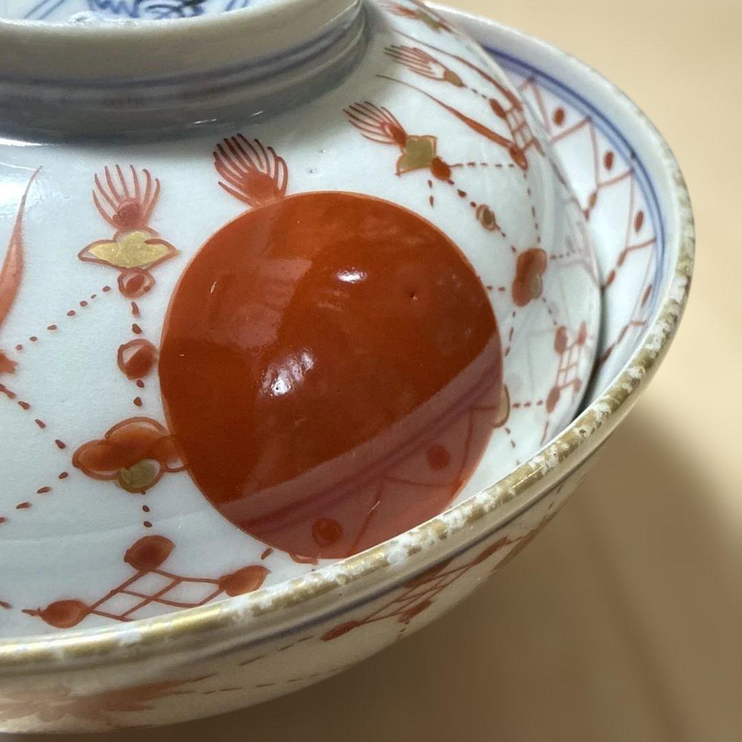 古伊万里 赤玉瓔珞紋 蓋茶碗 一客