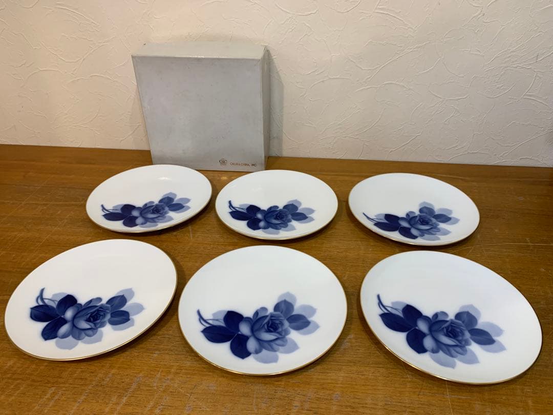 N1129-22★OKURA CHINA 青い花柄の陶器皿6枚セット 直径23㎝