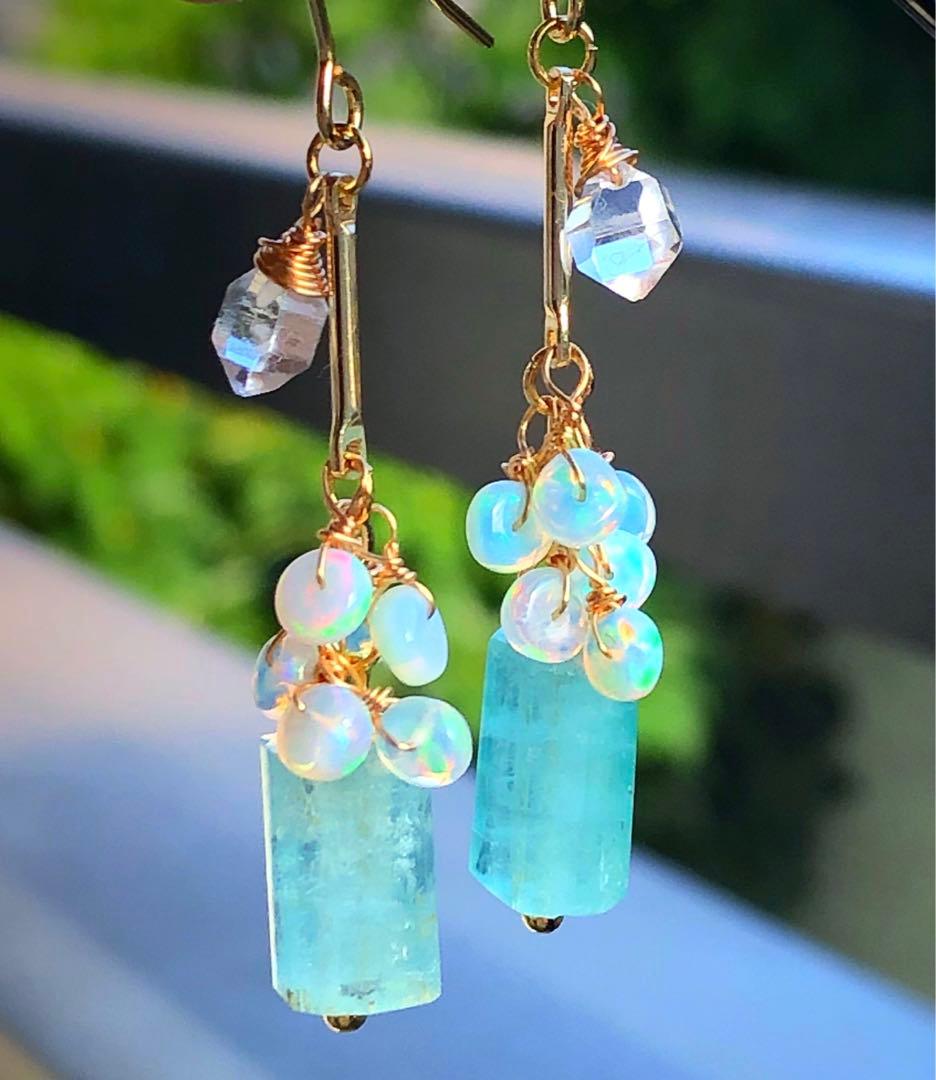 天然石☆極上大粒ミントエメラルド×極上ダイヤモンドクォーツのピアス14kgf