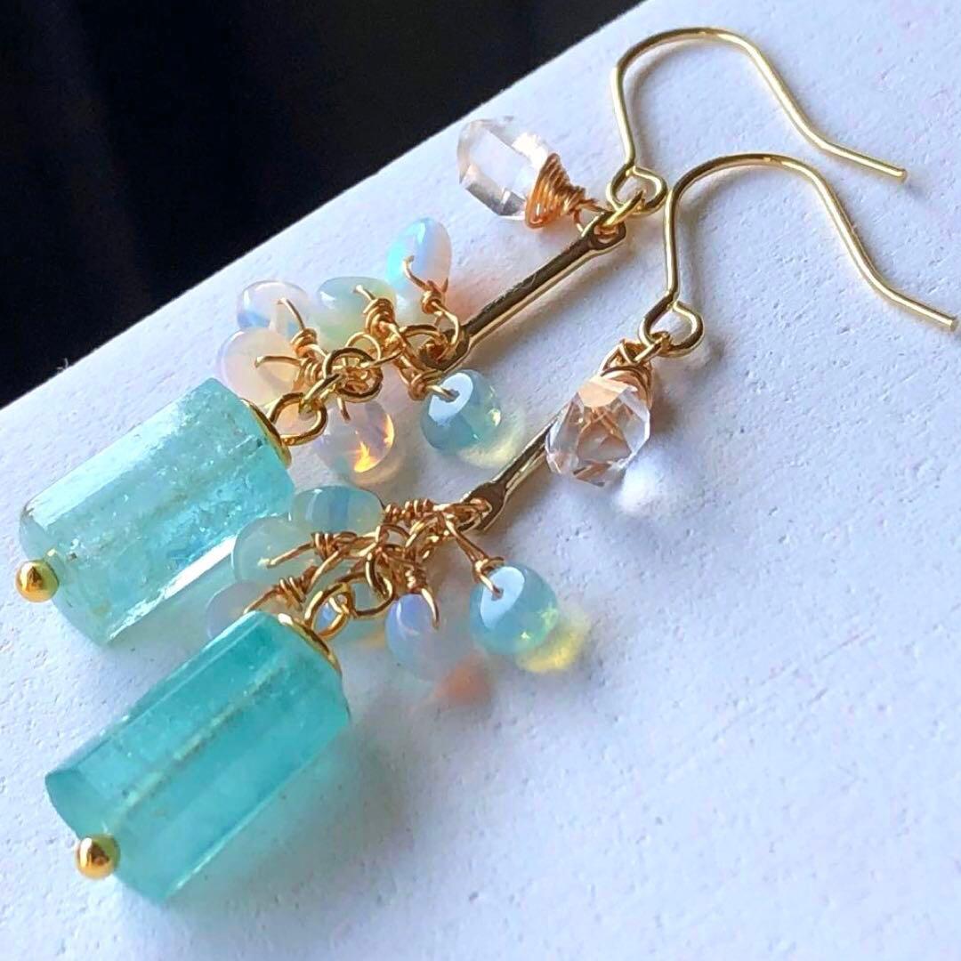 天然石☆極上大粒ミントエメラルド×極上ダイヤモンドクォーツのピアス14kgf