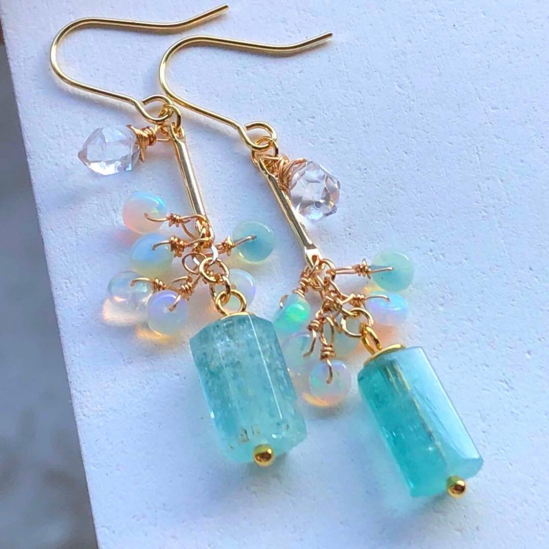 天然石☆極上大粒ミントエメラルド×極上ダイヤモンドクォーツのピアス14kgf