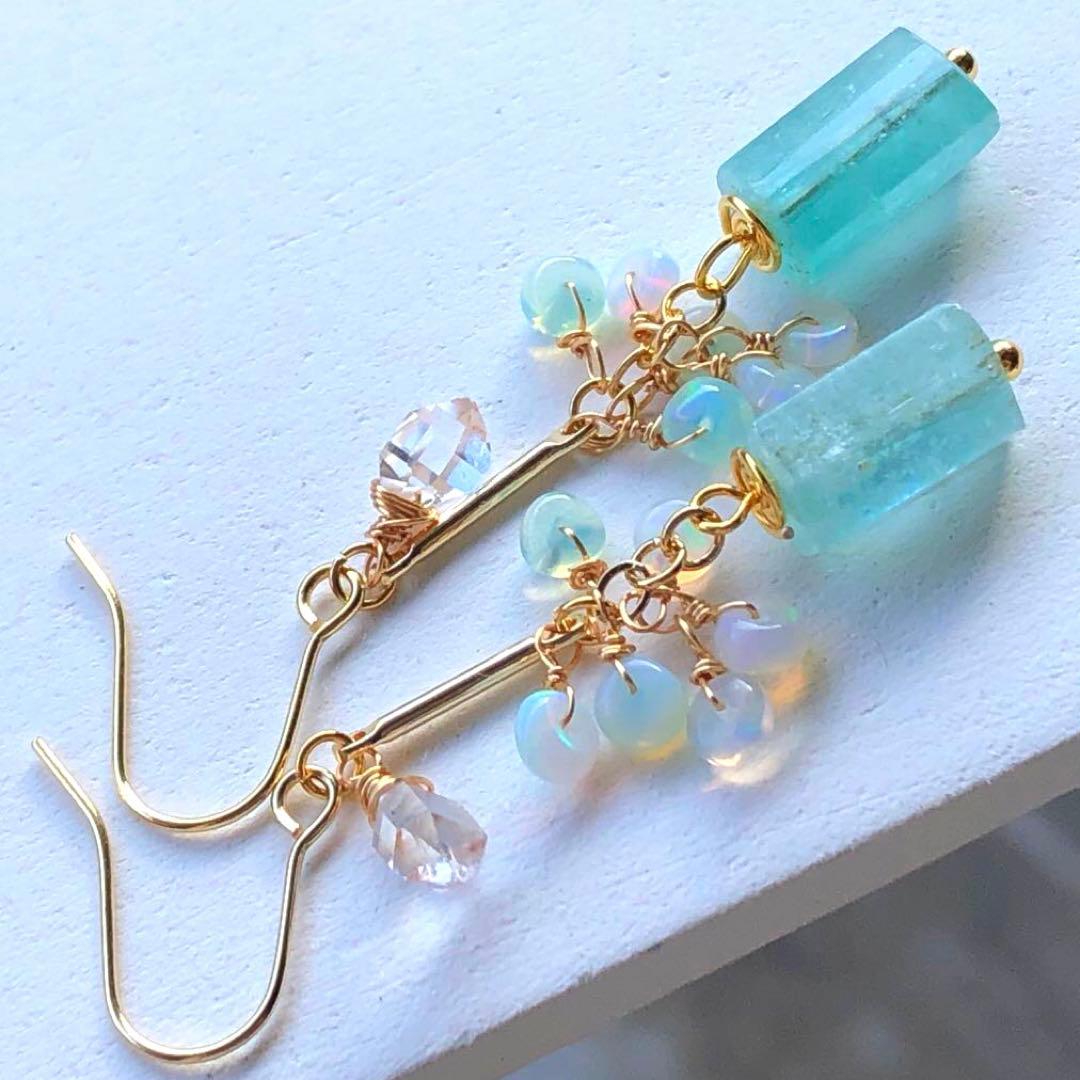 天然石☆極上大粒ミントエメラルド×極上ダイヤモンドクォーツのピアス14kgf