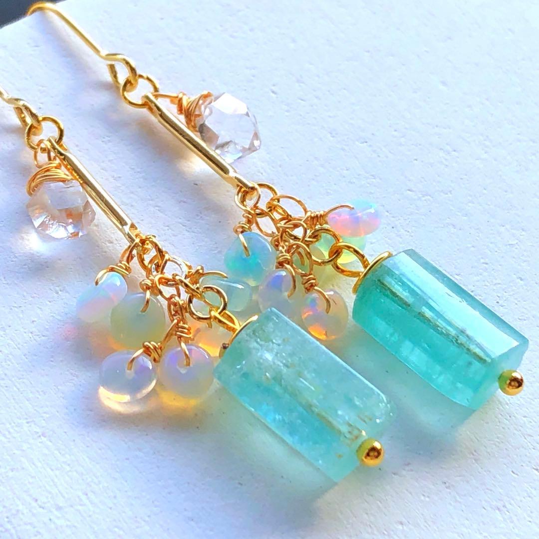 天然石☆極上大粒ミントエメラルド×極上ダイヤモンドクォーツのピアス14kgf