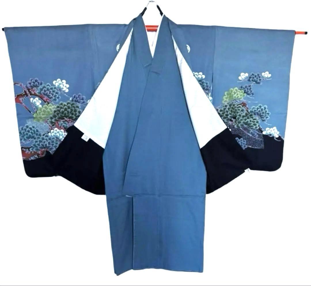 七五三、お正月に　男の子　着物、袴セット　正絹　青みがかったグレー×鷹