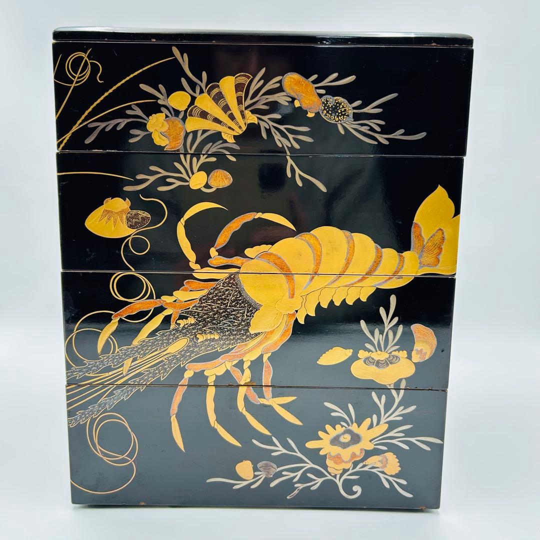 【海老海鮮尽くし蒔絵重箱　段重　お節料理】骨董　アンティーク　インテリア