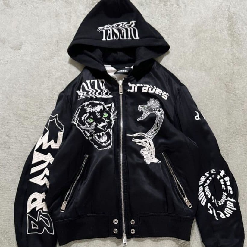 DIESEL ディーゼル スーベニアジャケット スカジャン フーディ 刺繍 黒