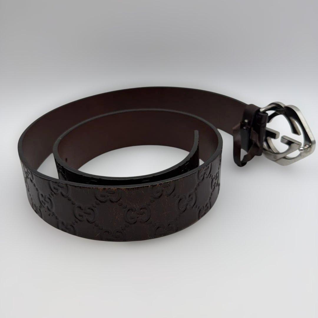 Gucci ダークブラウン レザーベルト GGロゴ　nk8