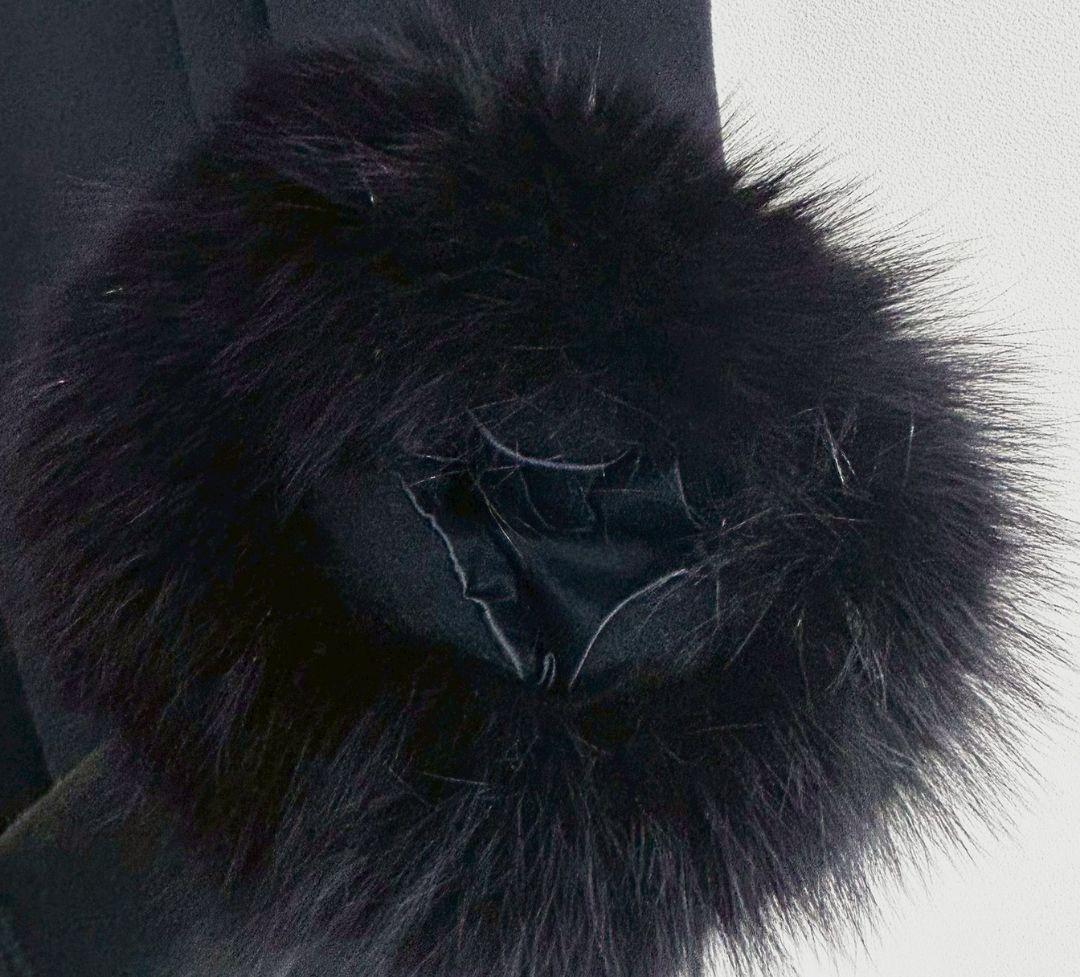 PARTINA Aラインフレアロングコート　フード付き　ファー　ネイビー　毛皮