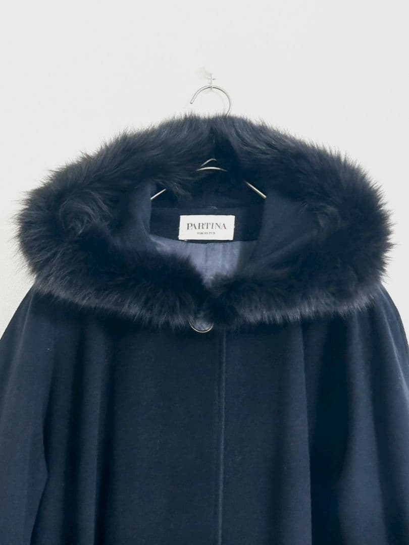 PARTINA Aラインフレアロングコート　フード付き　ファー　ネイビー　毛皮
