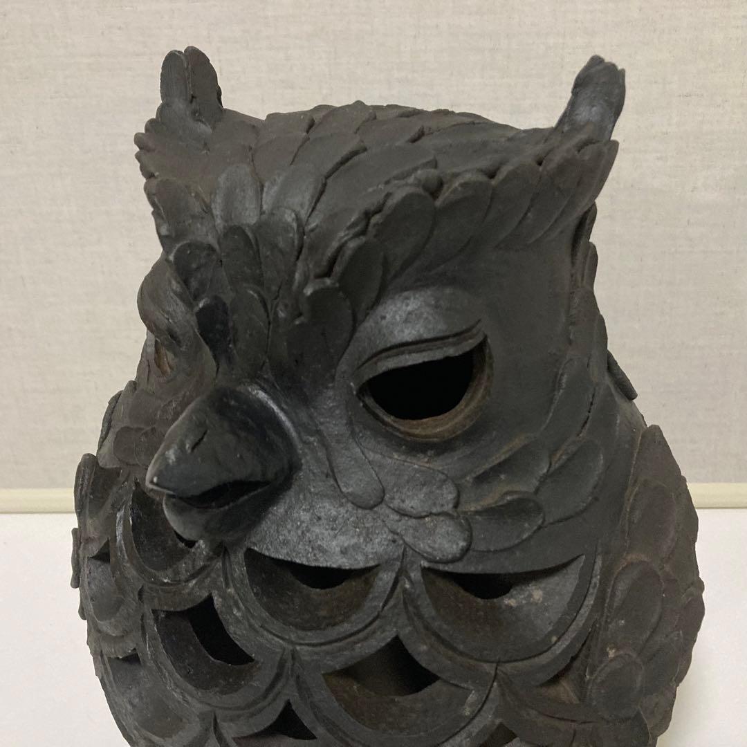 信楽焼 陶器 フクロウ 梟 置物 オブジェ 透かし 工芸品 モダン レトロ