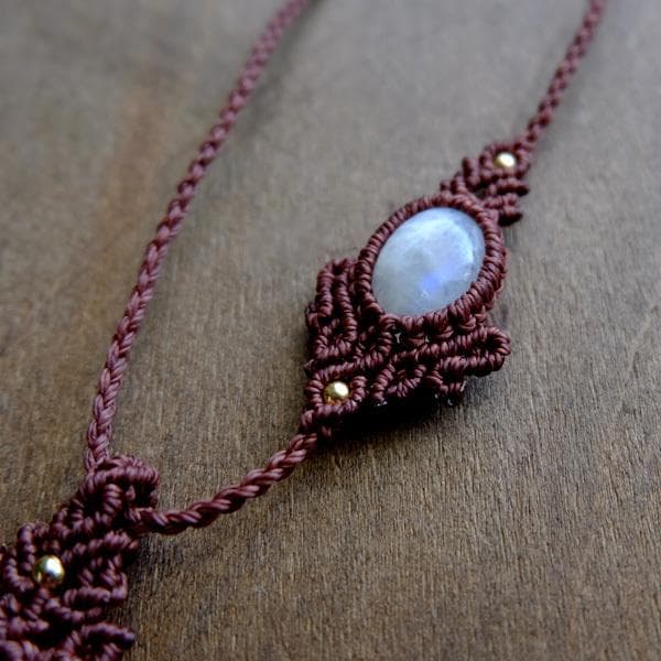 ラブラドライト・ムーンストーン　天然石マクラメ編みペンダントネックレス 3437