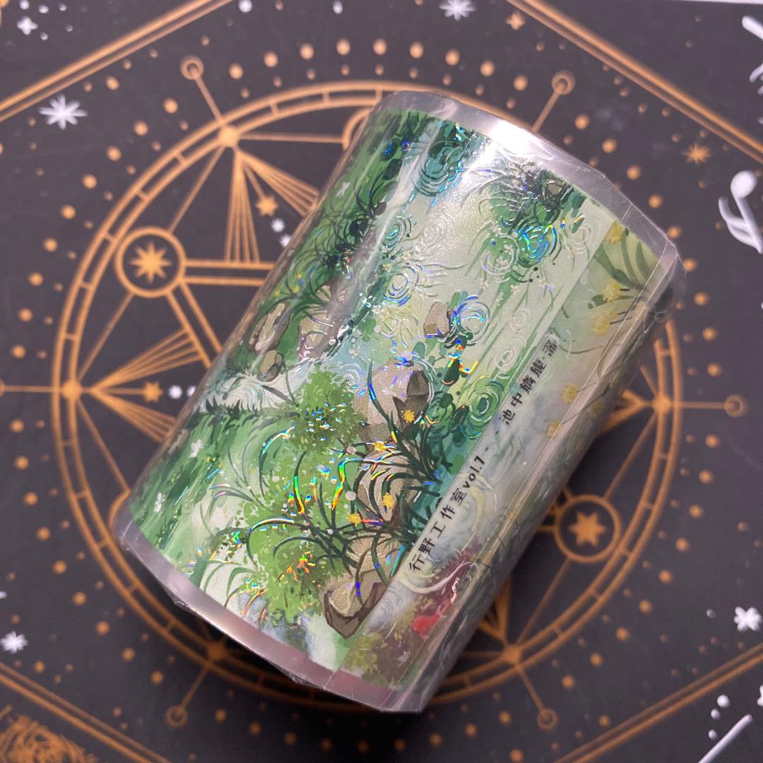 【9422】海外マステ　3/5/巻　貝殻光マスキングテープ　池　金魚　背景装飾系