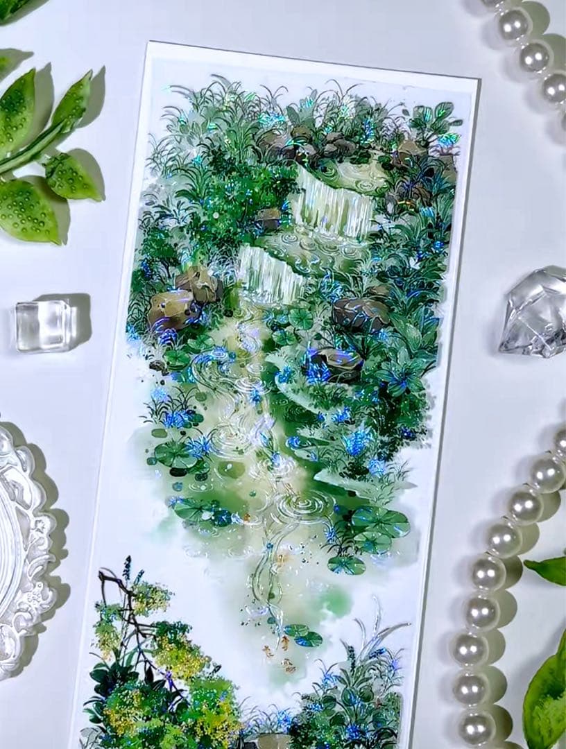 【9422】海外マステ　3/5/巻　貝殻光マスキングテープ　池　金魚　背景装飾系