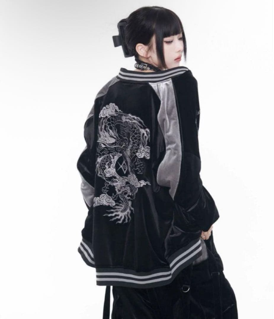 REFLEM ドラゴン刺繍ベロアスカジャン シルバー
