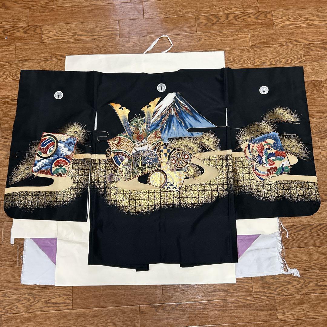 七五三 5歳 男の子 着物・袴セット 黒 かっこいい 富士山 兜 袴 七五三