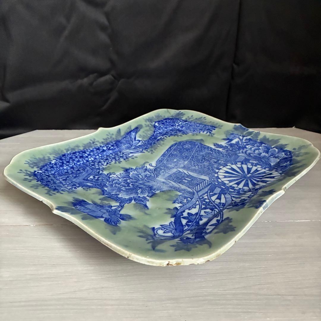 時代物 印判皿 特大皿　御所車 牡丹 枝垂れ桜 縁起物 骨董 大皿　金継ぎ用