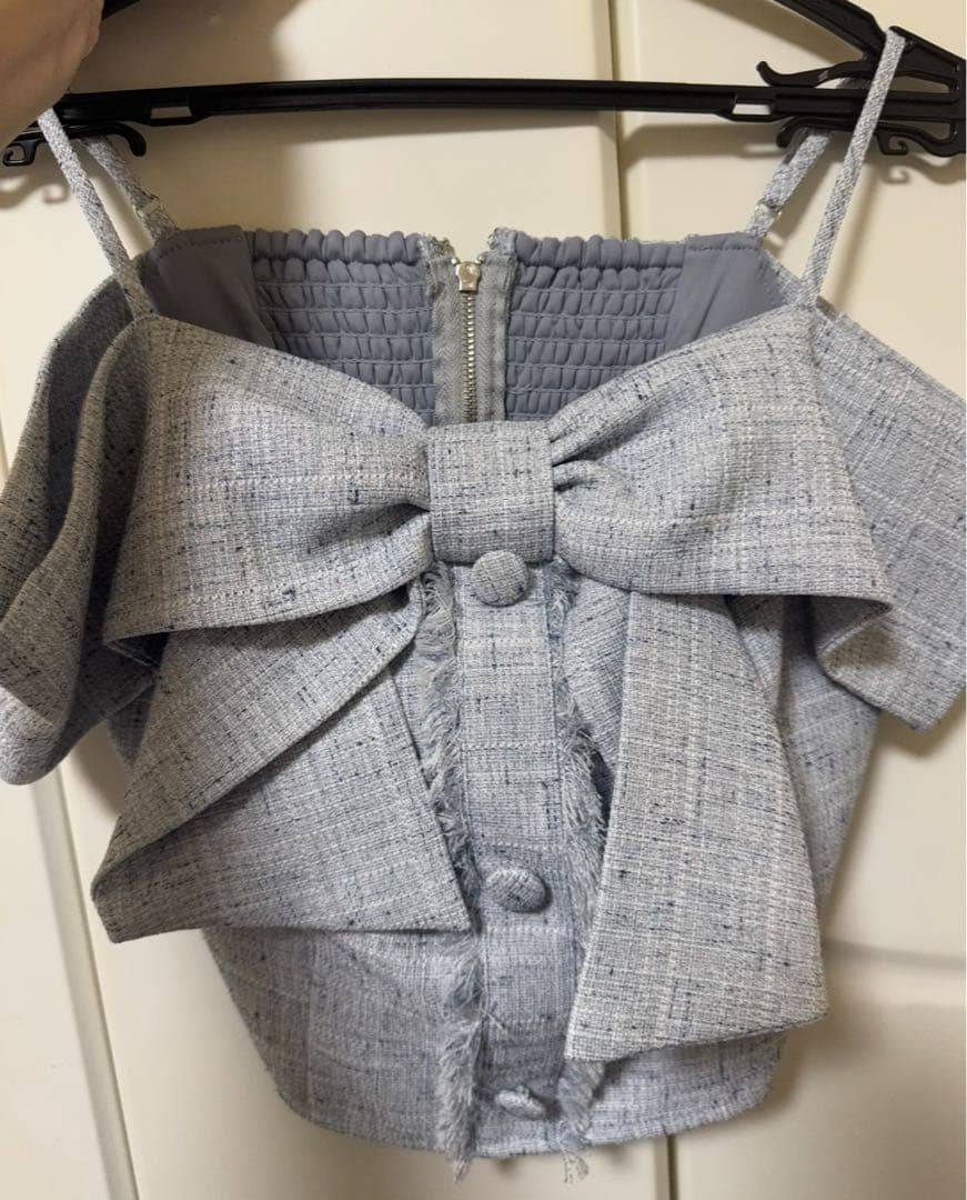 ツイードリボンオフショルトップス　ブルー