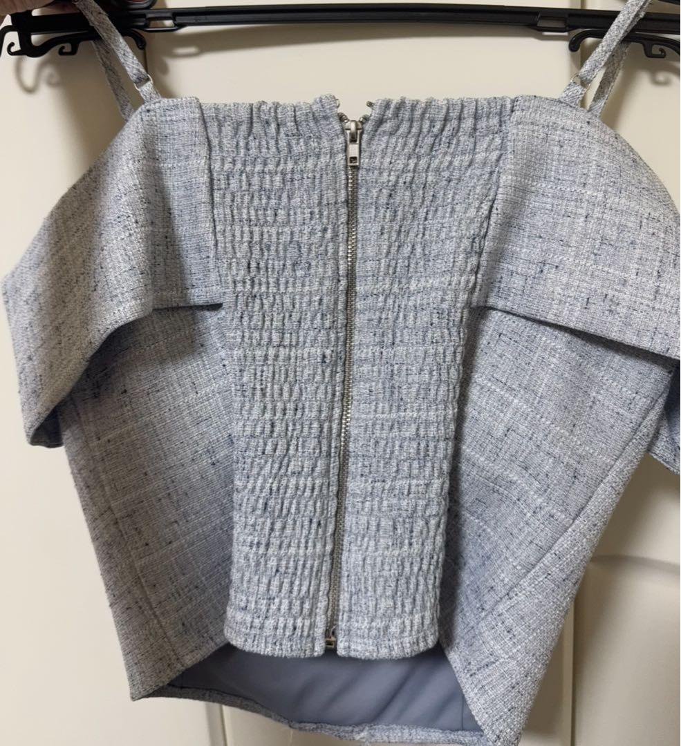 ツイードリボンオフショルトップス　ブルー