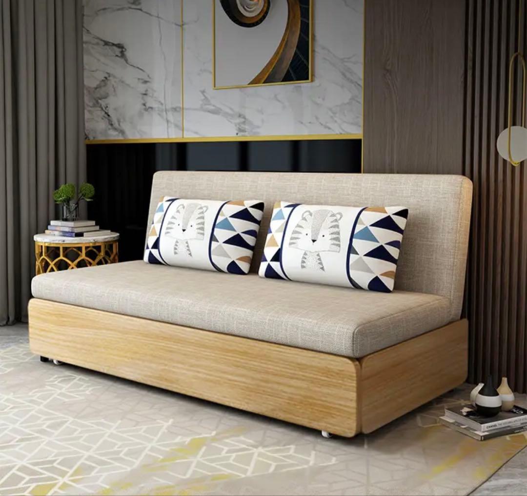 ベージュ ソファベッド クッション付き