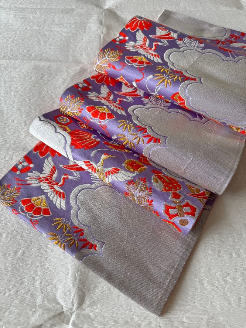 七五三に★正絹子供用袋帯　薄紫に雲取りと吉祥文　鶴