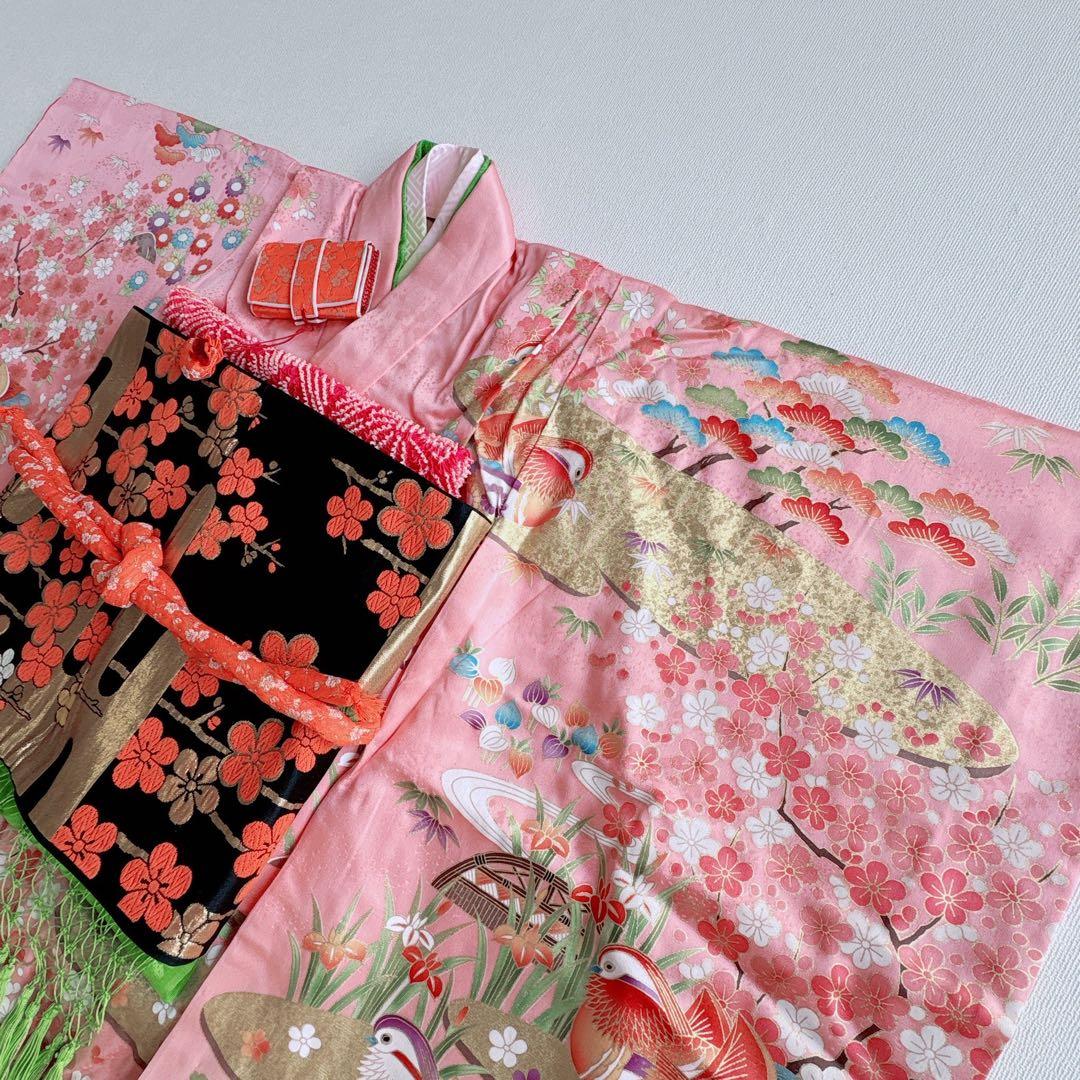 七五三　7歳女の子　フルセット　きものピンク　帯黒地　正絹　簡単半襟　7281