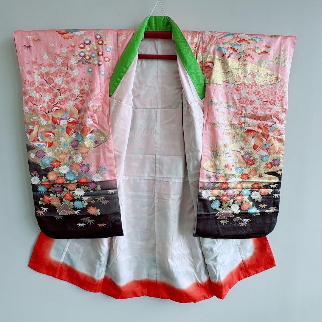 七五三　7歳女の子　フルセット　きものピンク　帯黒地　正絹　簡単半襟　7281