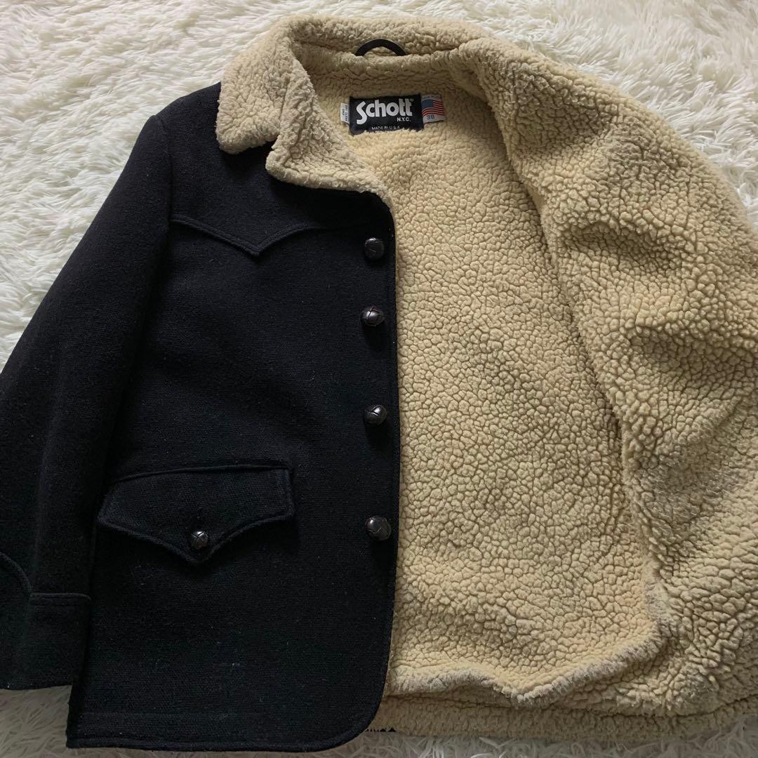 美品■schott ランチコート くるみボタン ネイビー 38