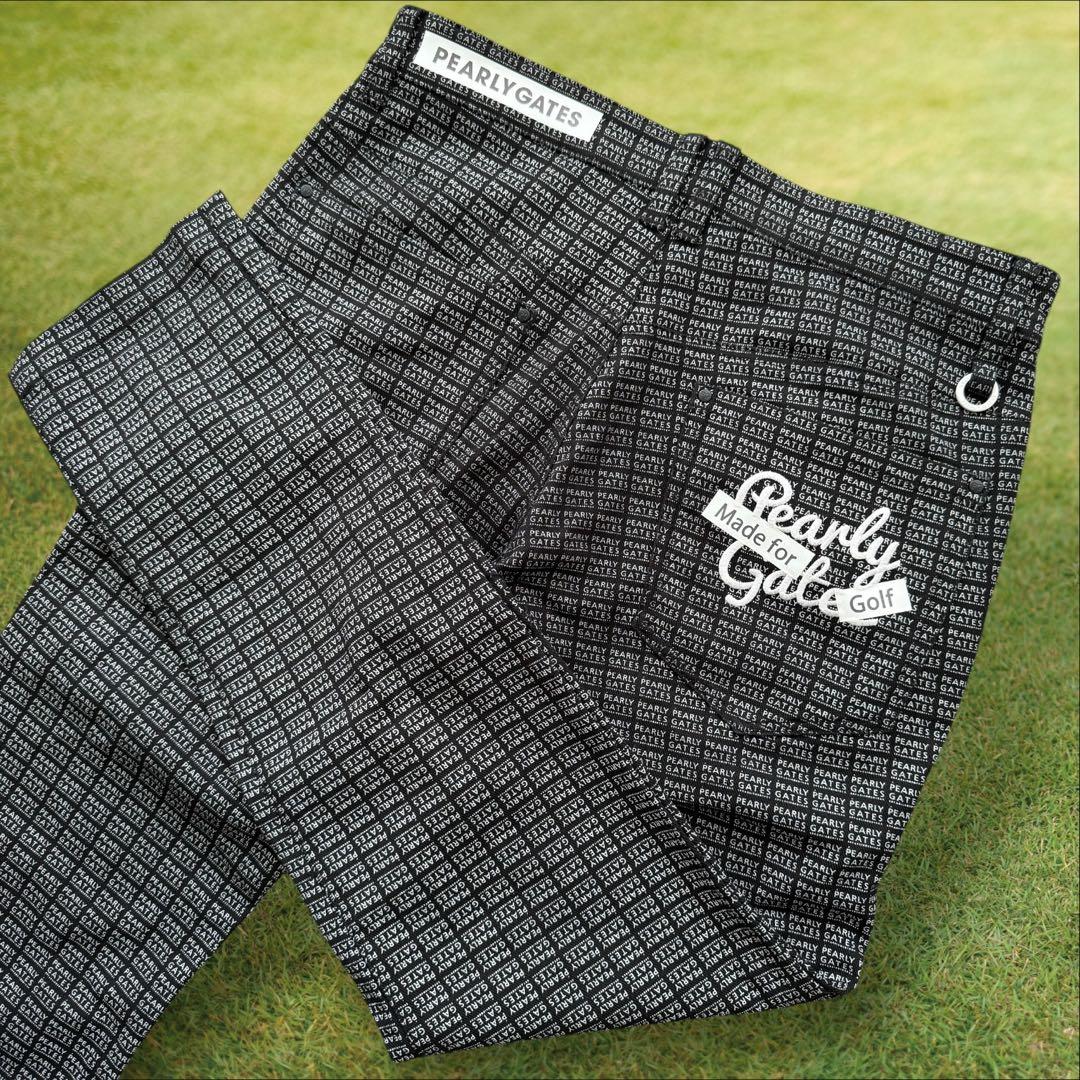 美品　パーリーゲイツ　パンツ　総柄　黒　白　M〜L相当　コットン素材　4 ゴルフ