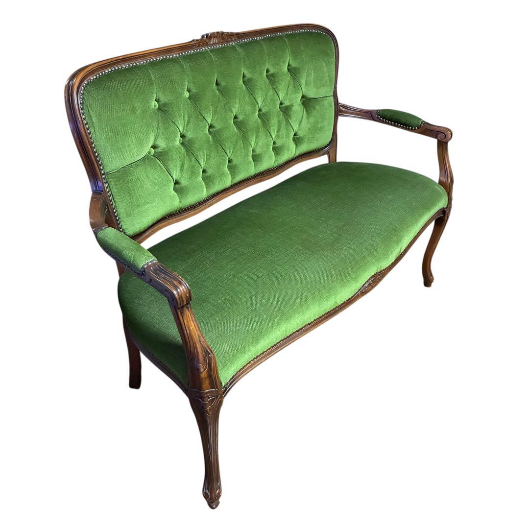 【美品】猫足　アンティークソファ　マホガニー　サロンチェア　グリーン