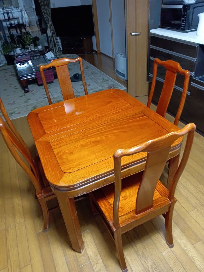 (直接お渡しのみ)花梨伸縮式ダイニングテーブルセット 4脚付き