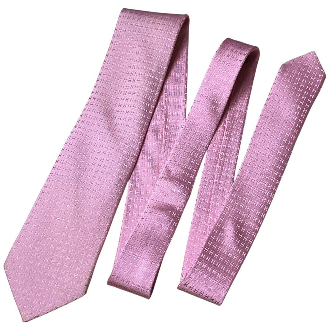 HERMES エルメス　高級ネクタイ　ライトピンク　ファソネ　H柄　ジャガード