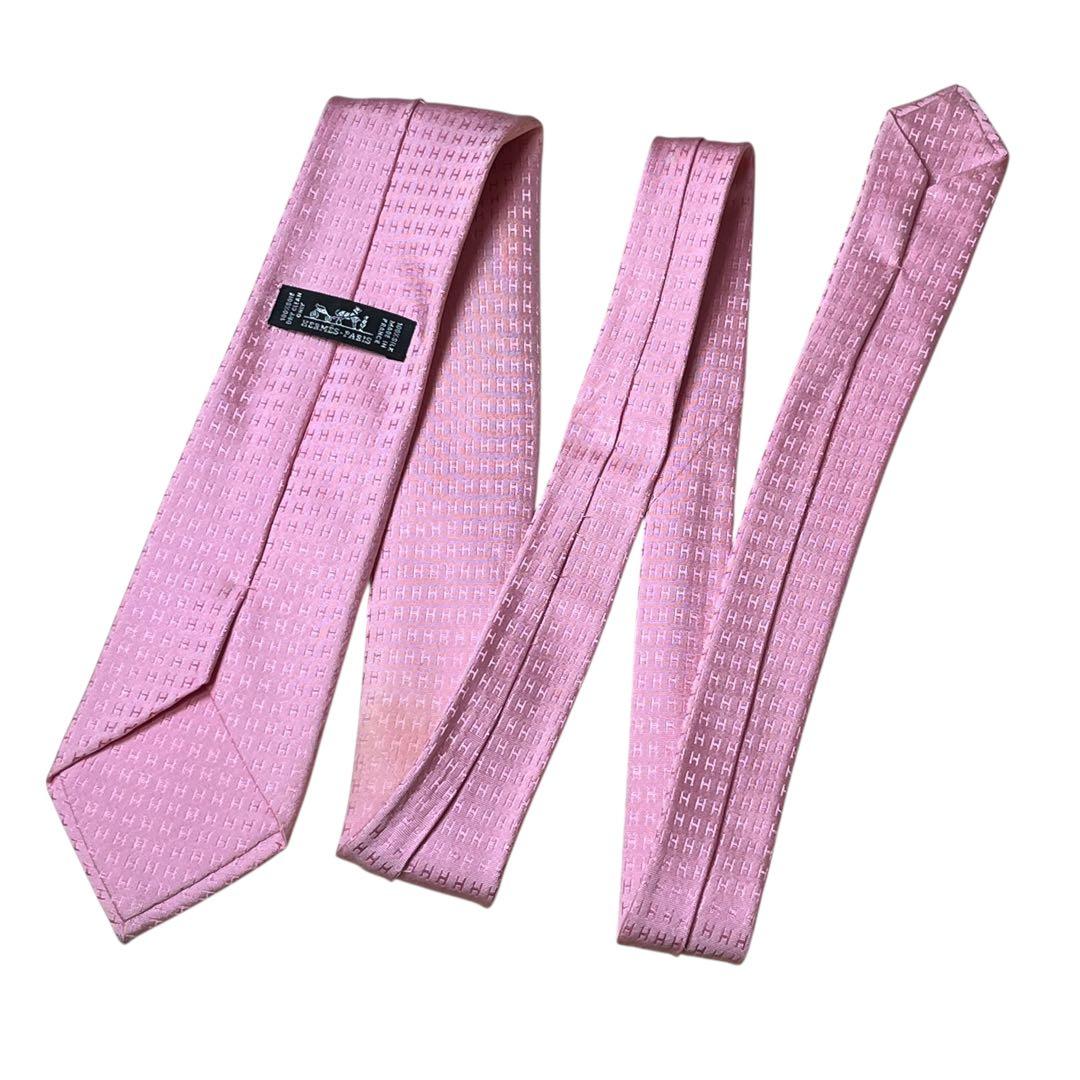 HERMES エルメス　高級ネクタイ　ライトピンク　ファソネ　H柄　ジャガード