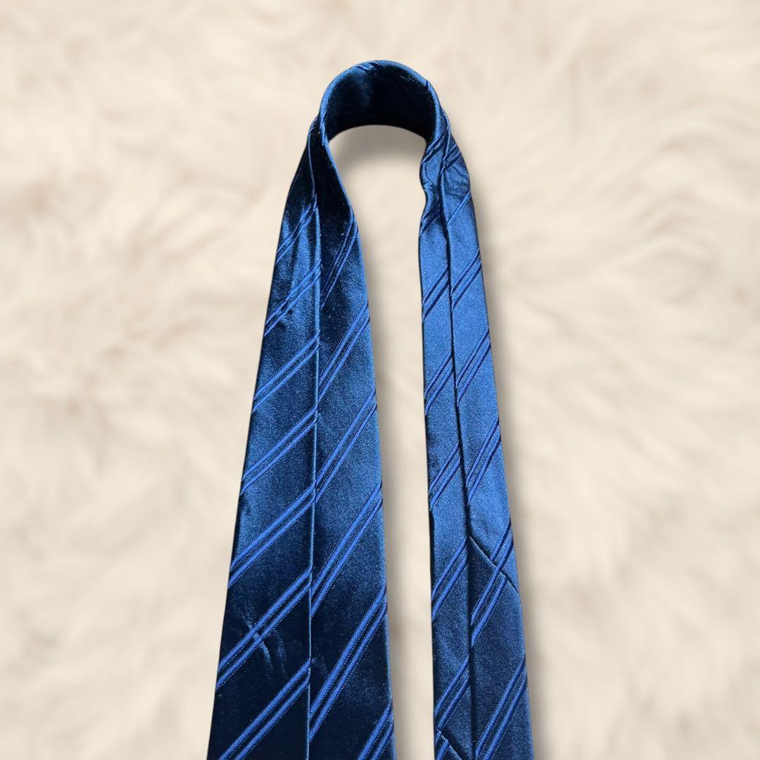 【極美品✨】シャルべ ダブルストライプ柄 サテン織り ブルー 光沢 ネクタイ