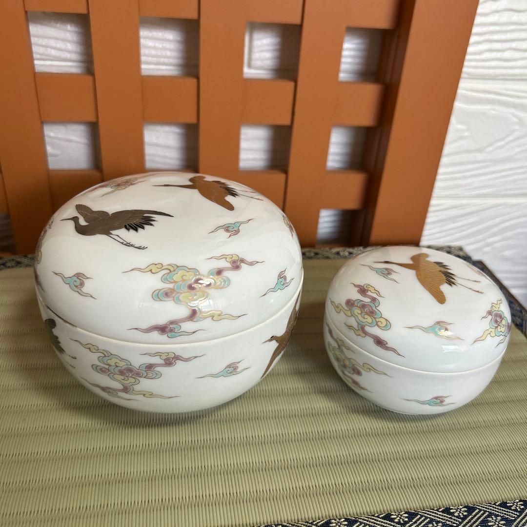 期間限定値下！深川製磁 金彩雲鶴図 蓋物 ボンボニエール 大小 菓子器 2客