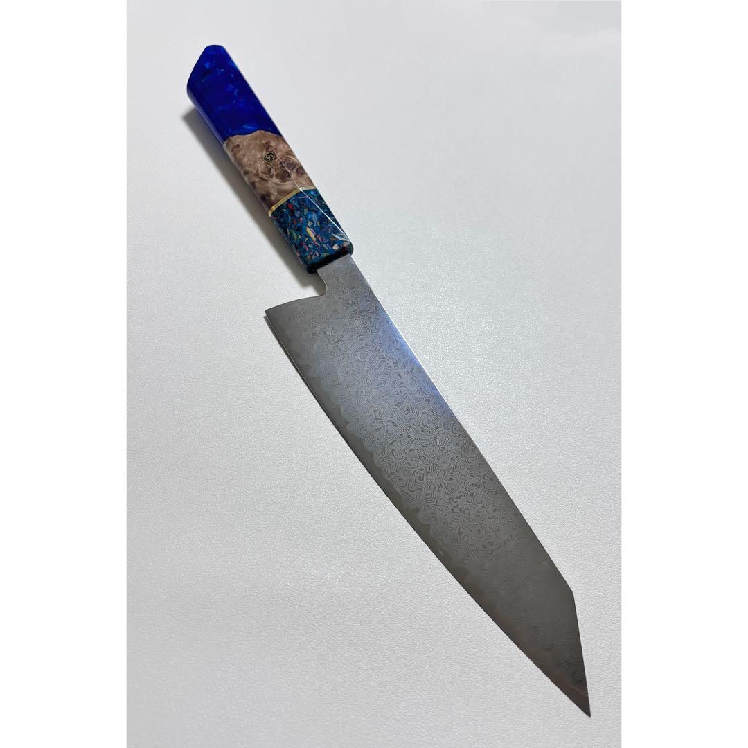 73層ダマスカス鏡面切付型(剣型)牛刀 ダマスカス包丁　204mm 超鋭利　青色
