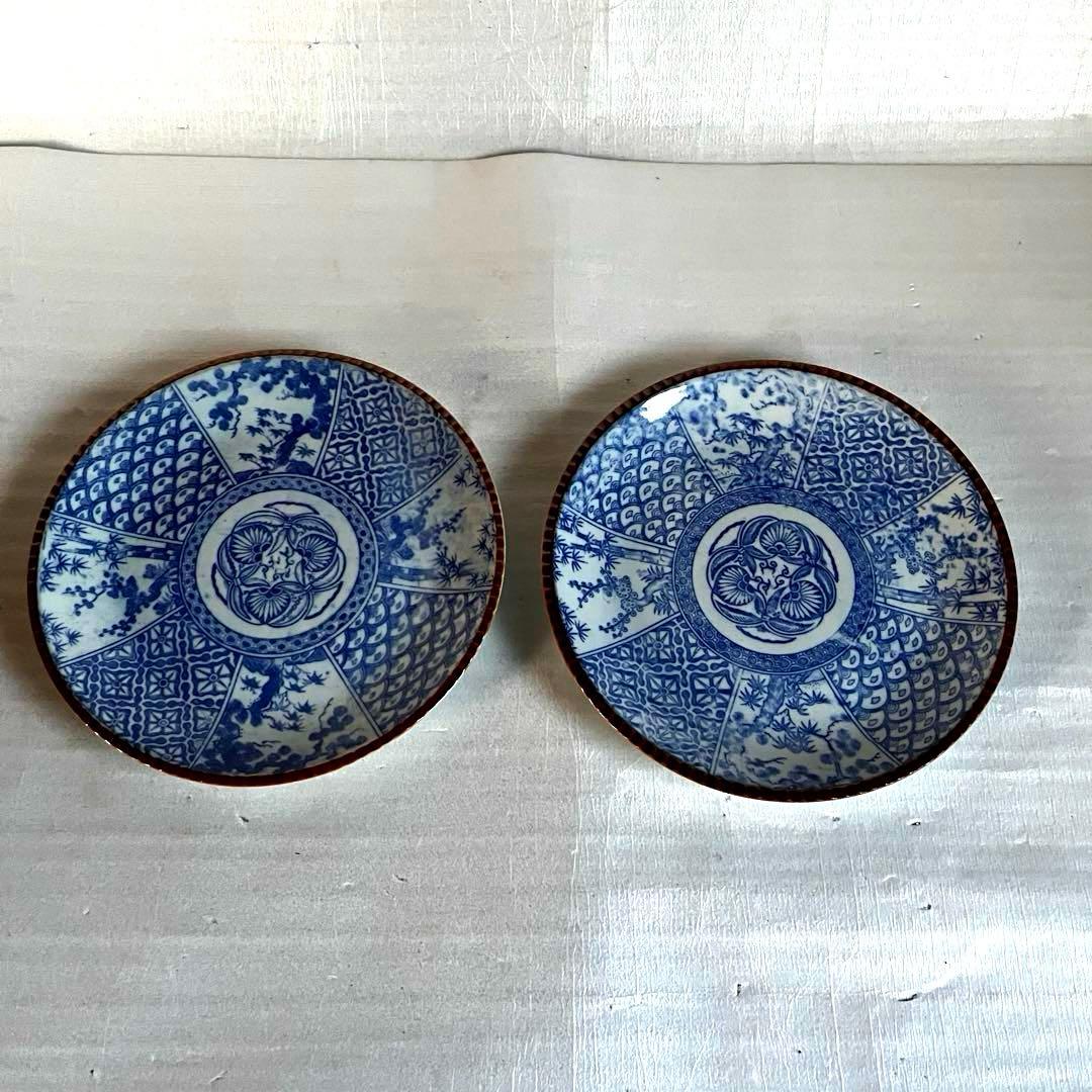 アンティーク　大皿　2枚セット　印判　明治時代　松竹梅　波紋様