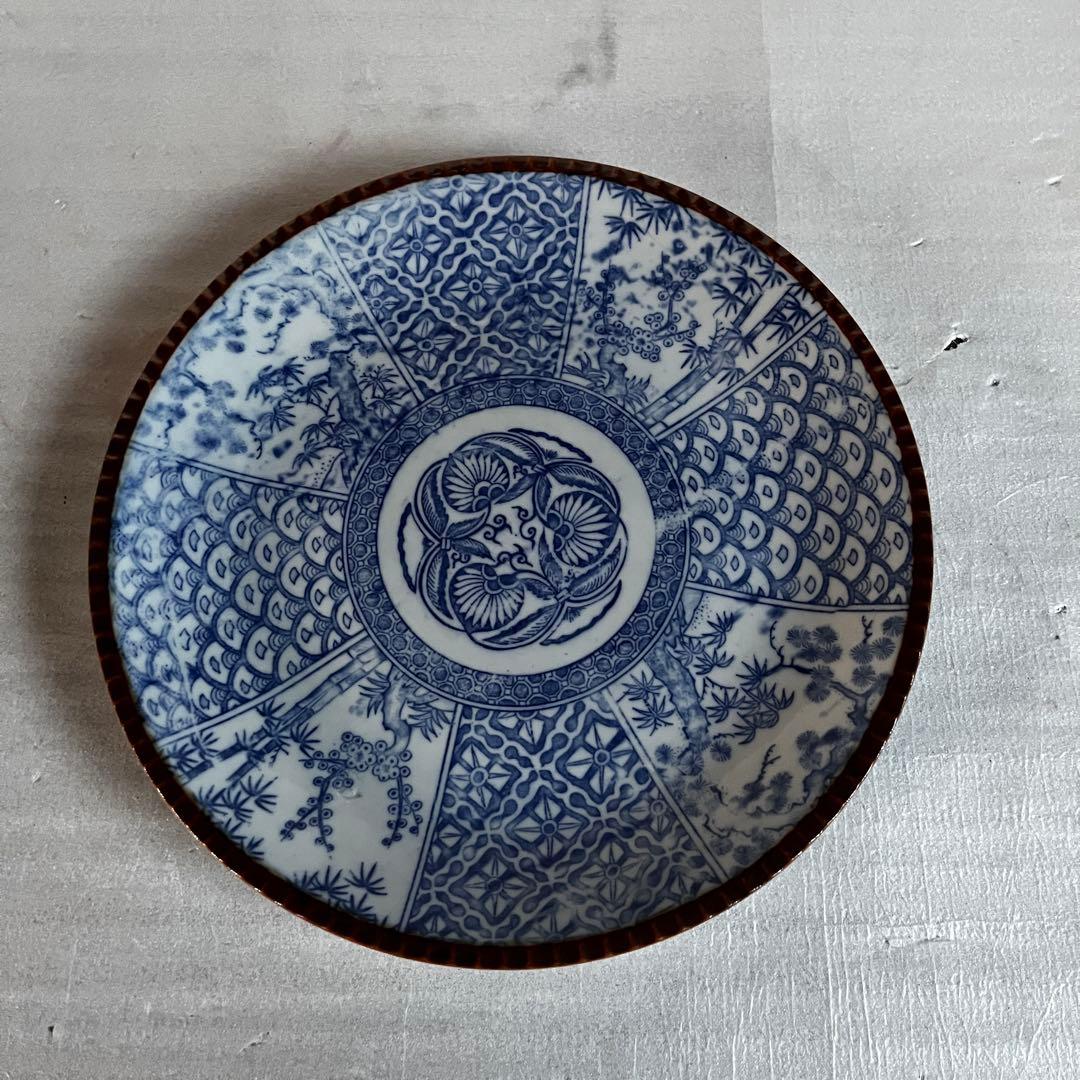 アンティーク　大皿　2枚セット　印判　明治時代　松竹梅　波紋様