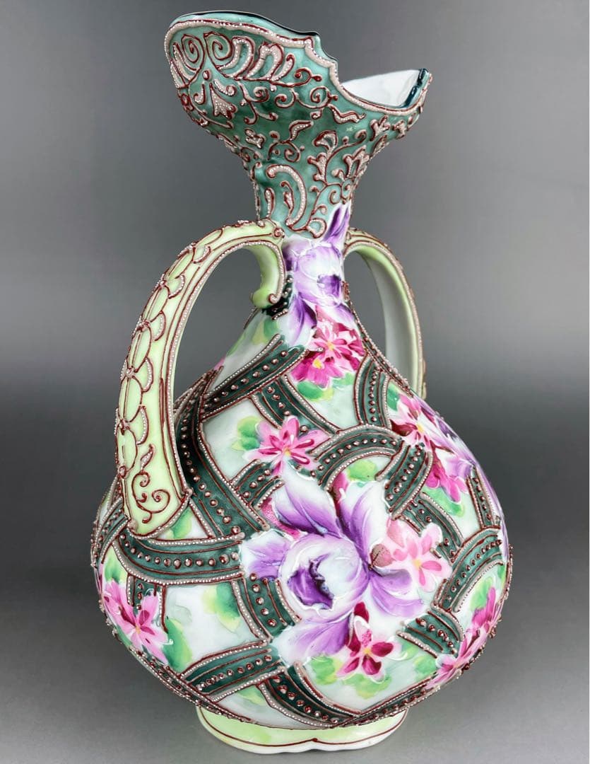 【美品】オールドニッポン ２２．２cm 花紋 一陳盛り花瓶 アールヌーボー様式